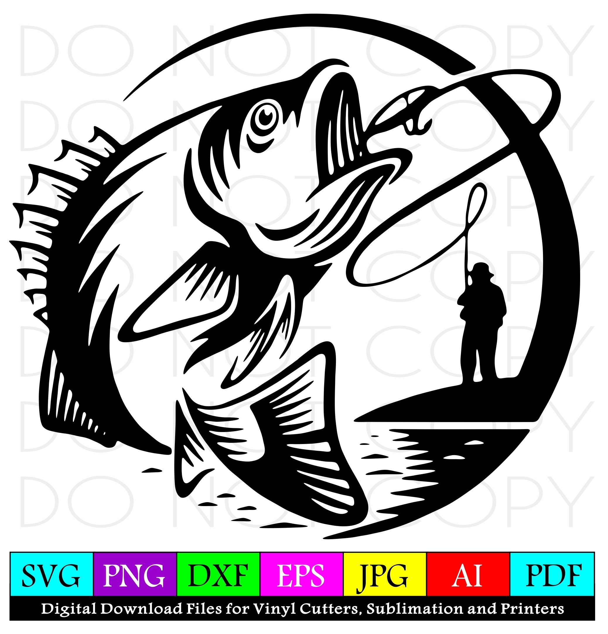Fisherman Catching Fish Svg Cut Print Pattern Instant Digital Download